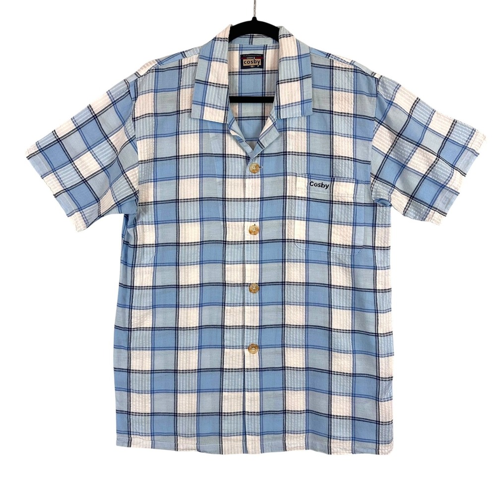 Vintage Gerry Cosby Plaid Cotton Camp Shirt Blue White Short Sleeve Retro M 90s